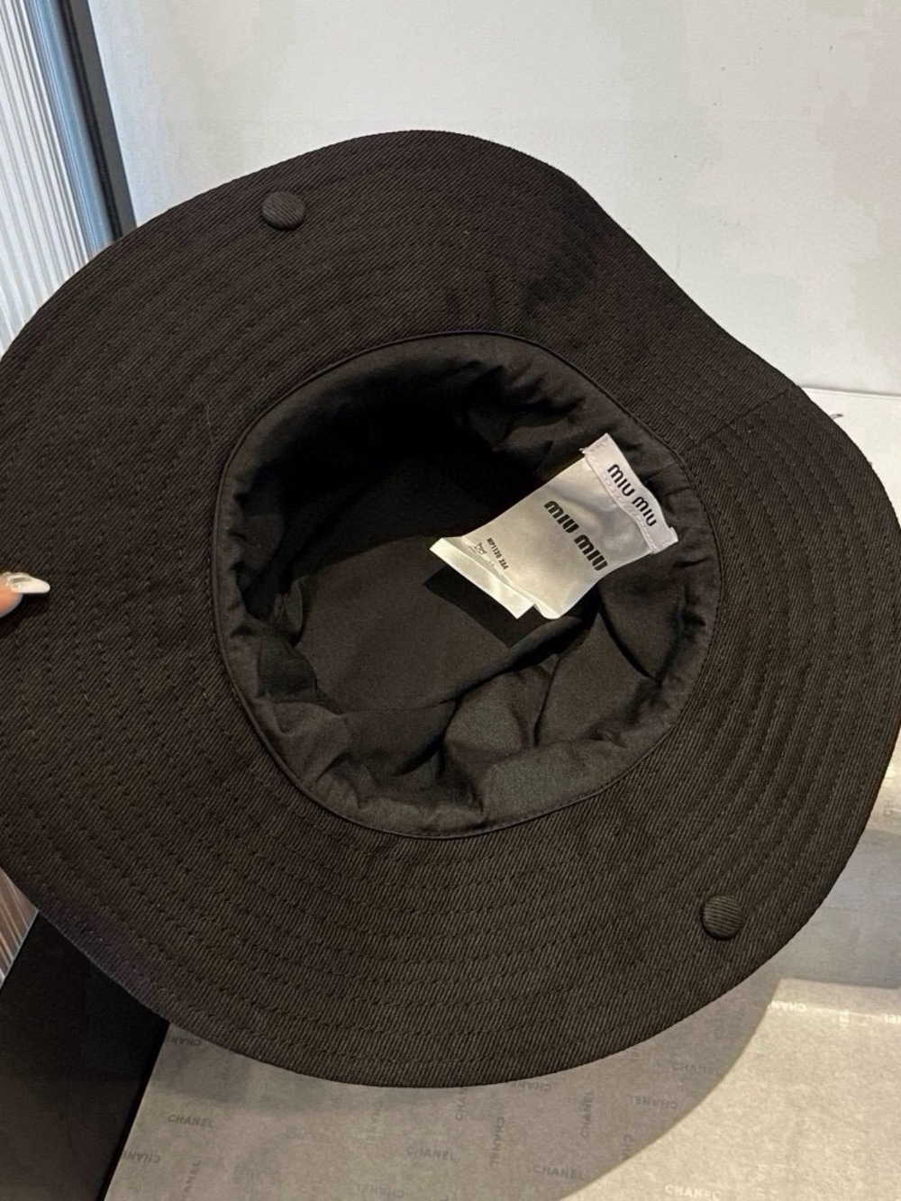Miu Miu Black Canvas Bucket Hat with White Embroidered Logo - Picture 6 of 6